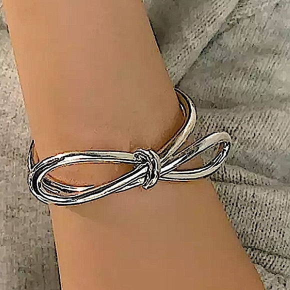 Bow Tie Knot Sterling Silver Bangle Cuff Bracelet - Picture 2 of 6